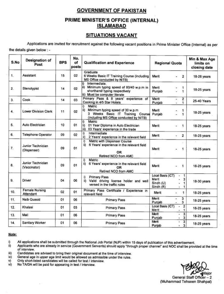 Prime Minister Office Jobs 2026 Advertisement